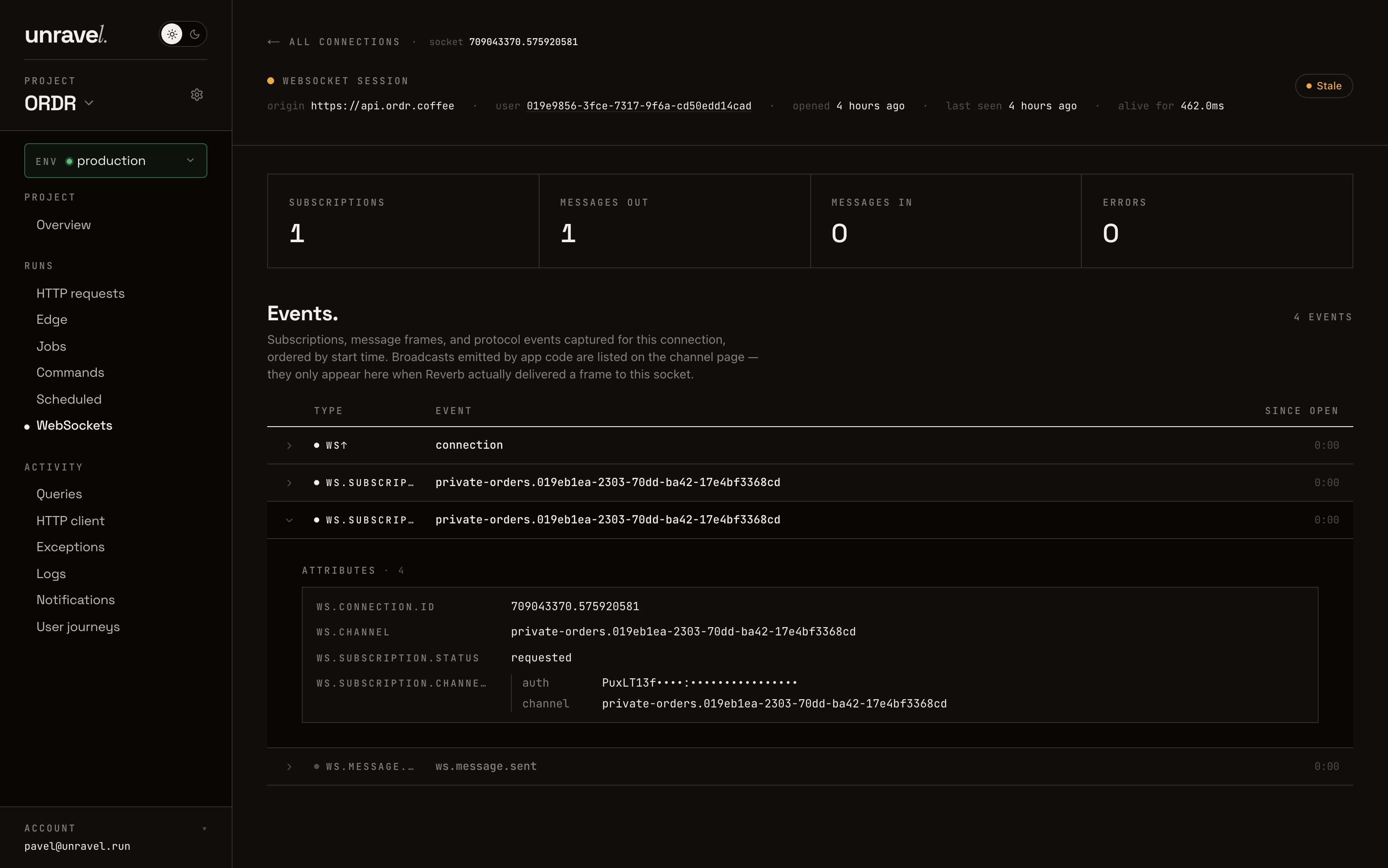 A single Reverb websocket session: subscriptions with auth handshake, message frames and staleness