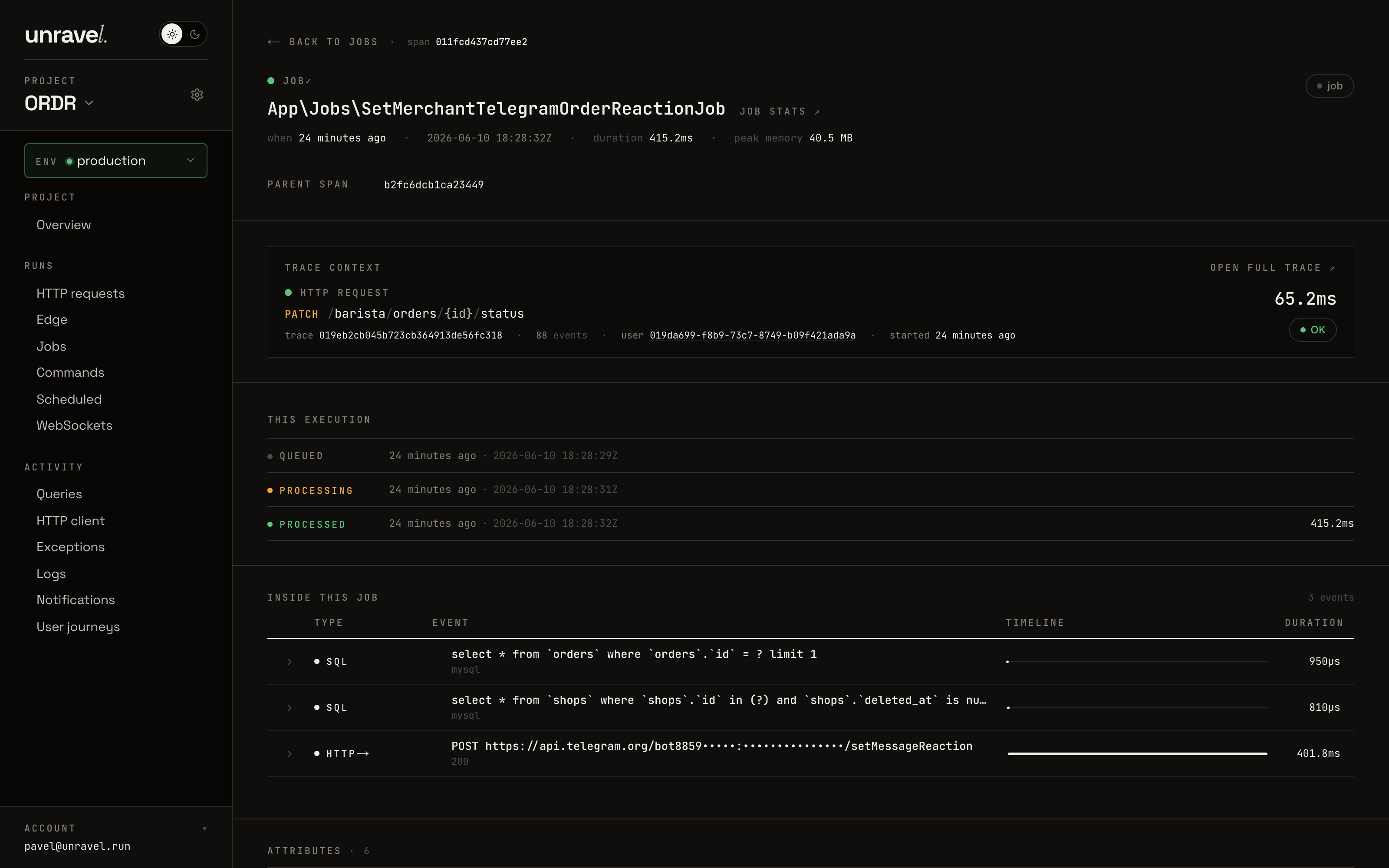 Job run detail: queued, processing and processed phases, the parent request's trace context, and the job's own events