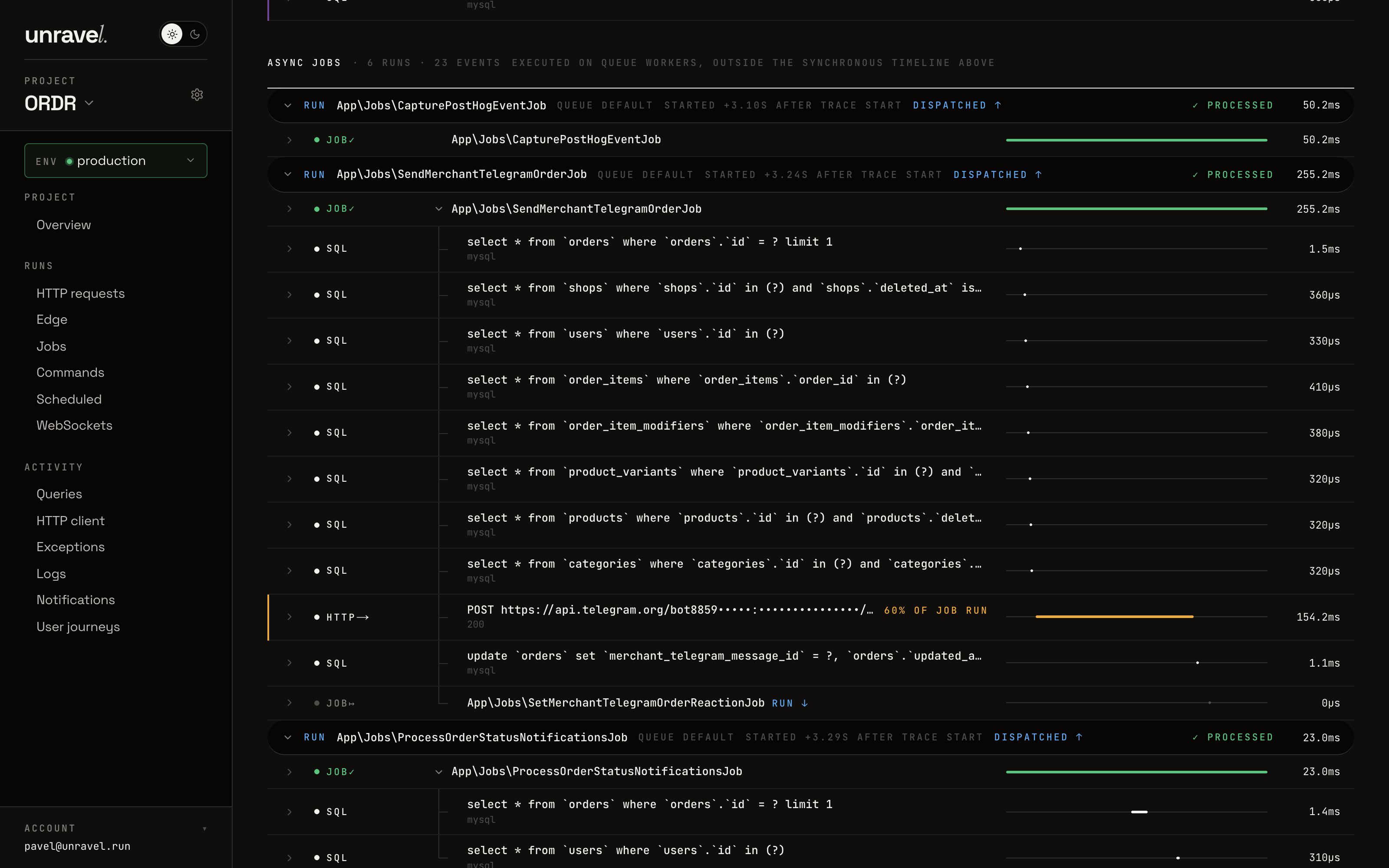Async jobs section of a production trace: queued runs with dispatched and processed phases, nested SQL and outbound HTTP