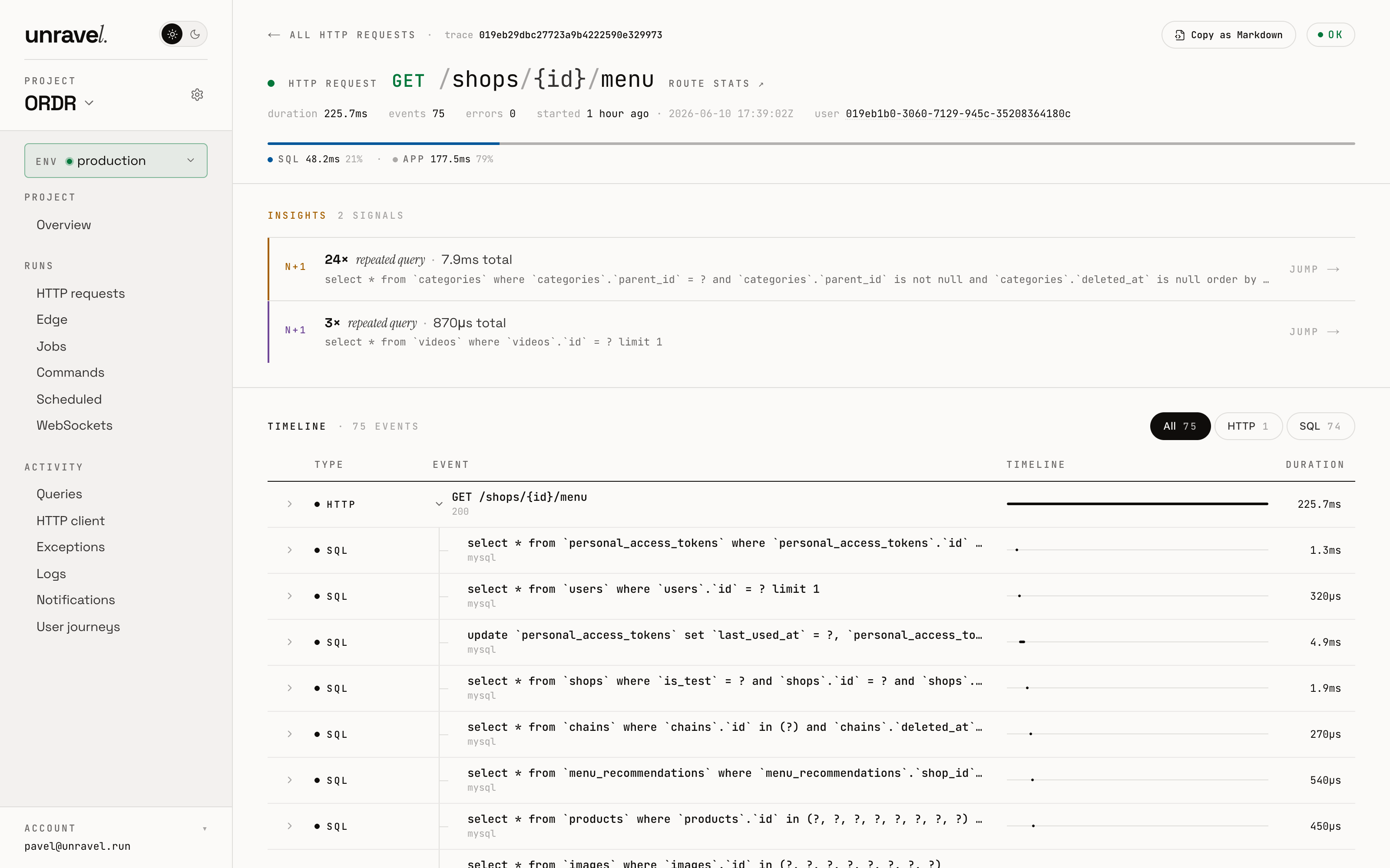 A production trace in Unravel: N+1 insights above the span timeline